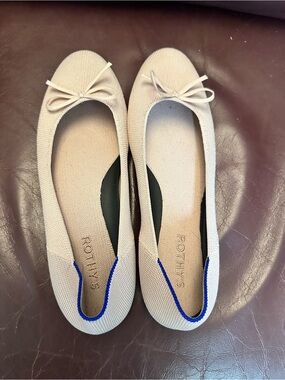 Rothy's Light Pink Knit Ballet Flats with Blue Heel Trim and Bow